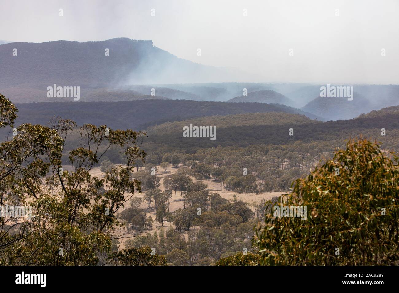 Capertee Valley in der Nähe von Blauen Berge im Sommer, Bush vor Rauch über das Tal, New South Wales, Australien Stockfoto