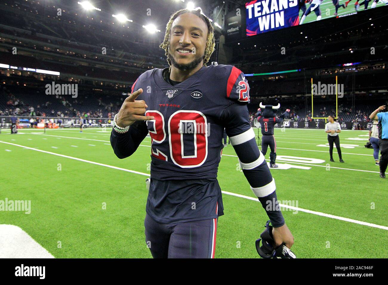 Houston, Texas, USA. 1. Dez, 2019. Houston Texans Sicherheit Justin Reid (20) feiert nach Houston's 28-22 über den New England Patriots an NRG Stadion in Houston, TX am 1. Dezember 2019. Credit: Erik Williams/ZUMA Draht/Alamy leben Nachrichten Stockfoto