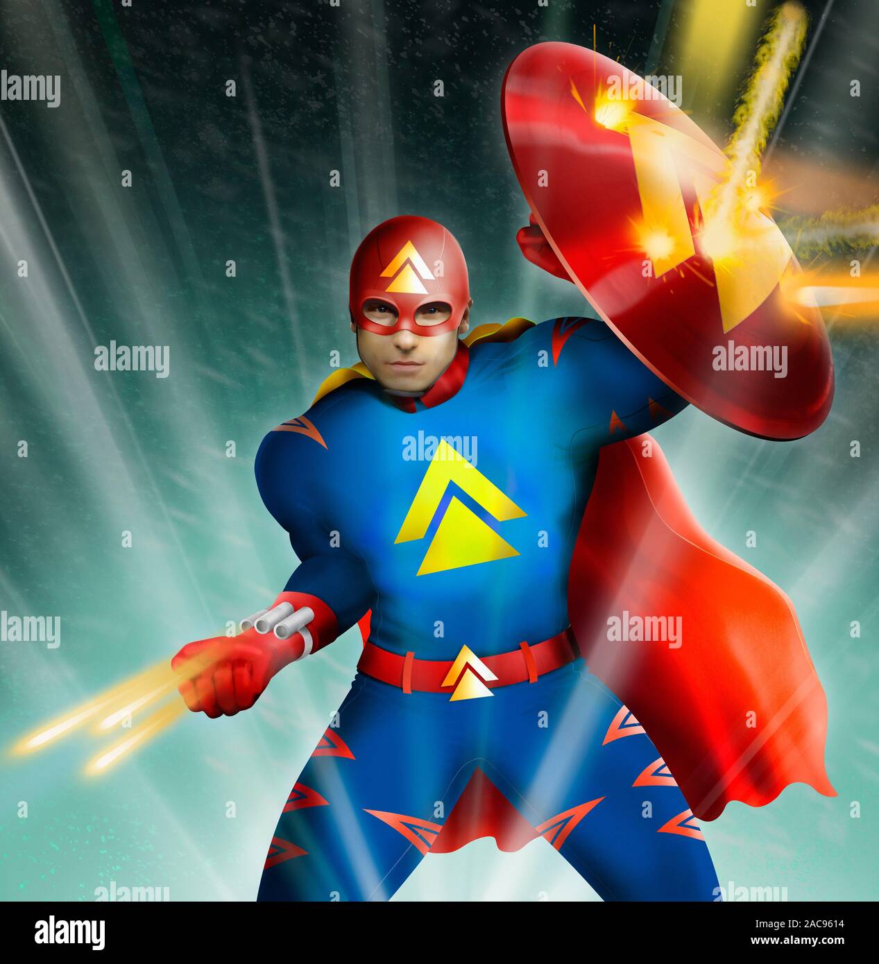 Science Fiction Superhelden im Kampf mit Laserwaffen Stockfoto