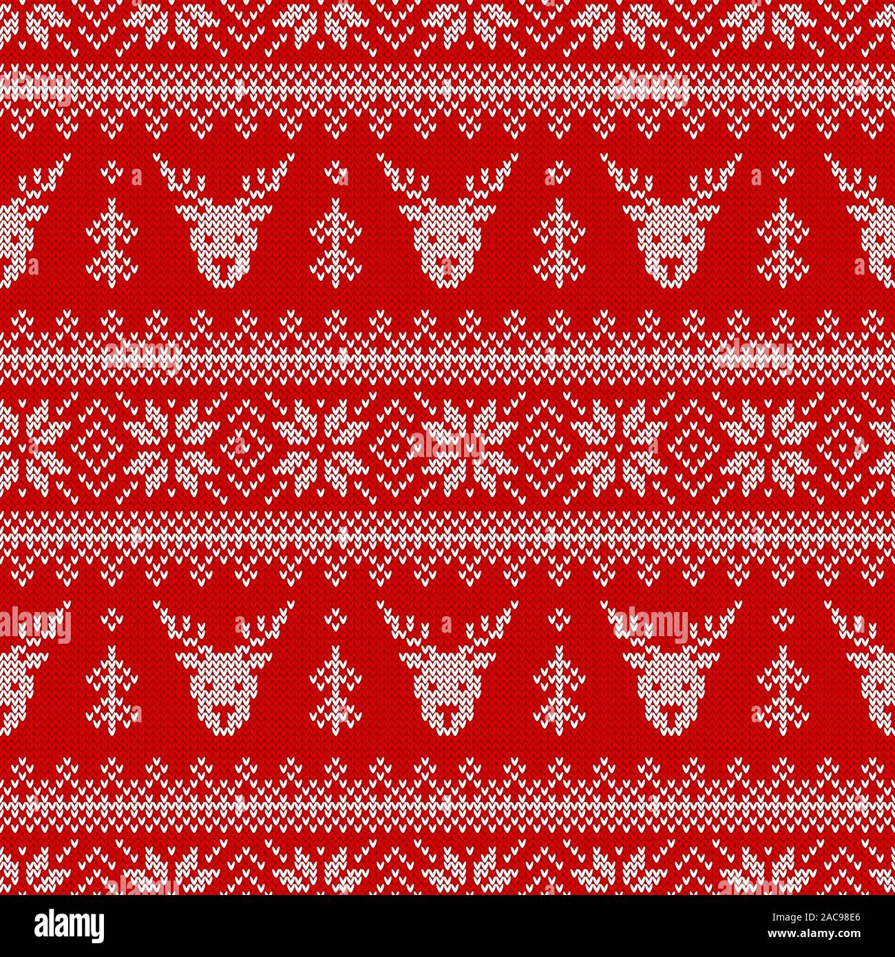 Gestrickte nahtlose Muster mit Rehen, Weihnachtsbäume und skandinavischen Ornament. Rot und weiß Pullover Hintergrund für den Winterurlaub. Vektor. Stock Vektor