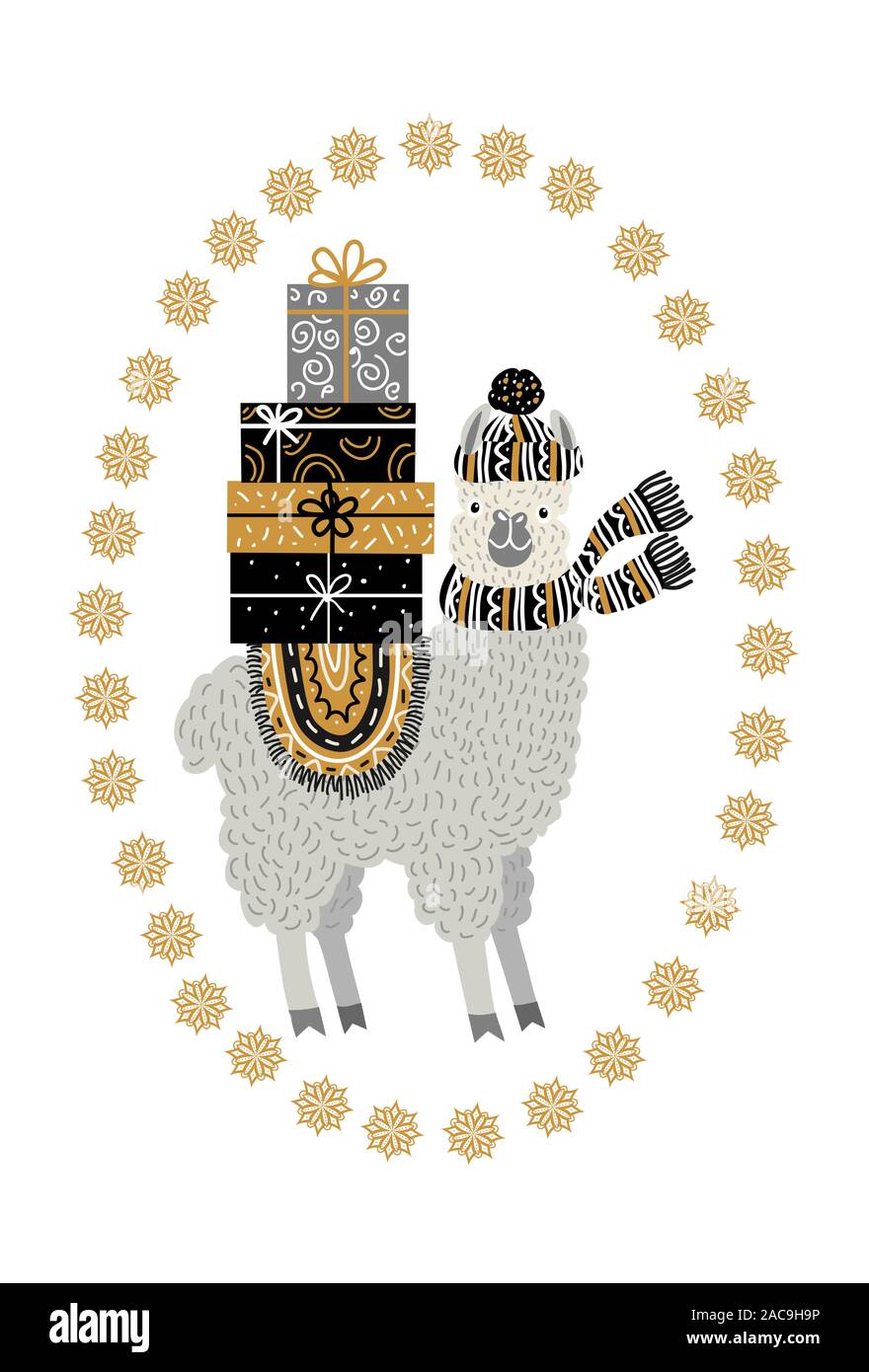 Cute llama mit Geschenken. Vektor monochrome Darstellung der skandinavischen Stil Stock Vektor