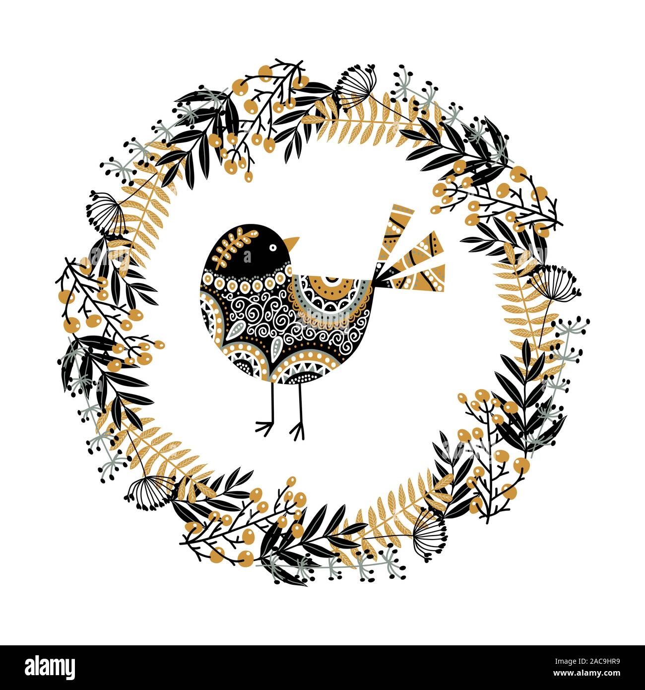 Cute Vector Vogel und einem Kranz von ihren Pflanzen, Blumen und Beeren. Einfarbig Schwarz und Weiß Vector Illustration im skandinavischen Stil. Stock Vektor