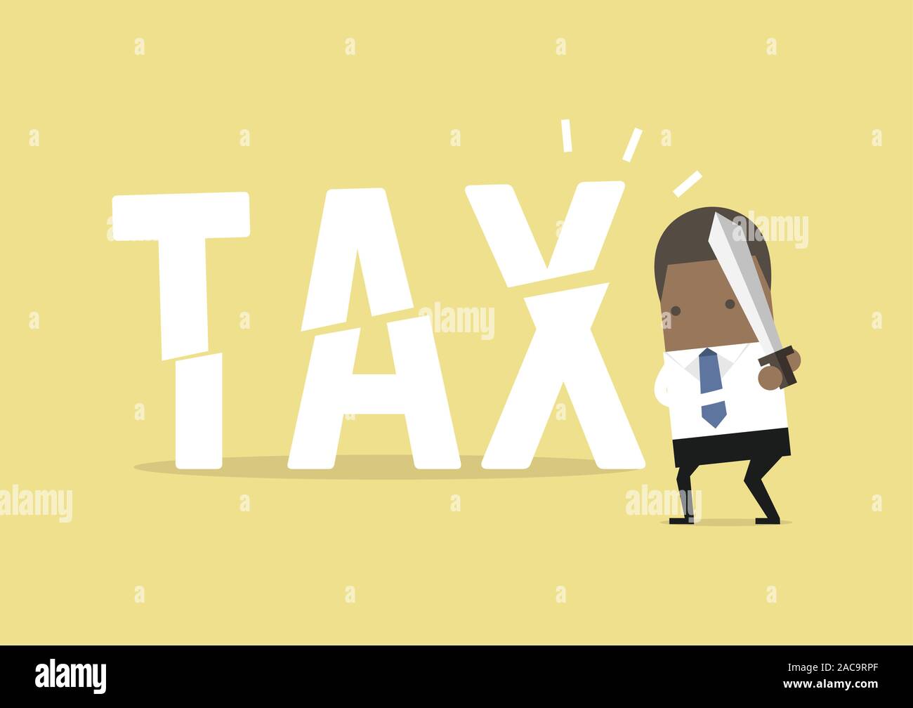 Afrikanischen Geschäftsmann cut Steuer mit dem Schwert. Business Konzept der Verringerung und Senkung der Steuern. Stock Vektor