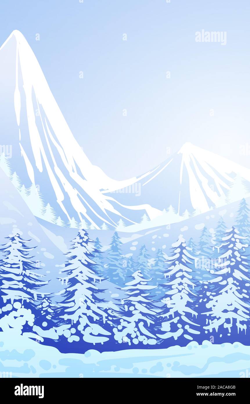 Winter Schnee natürlichen Pinienwald Berge Horizont Landschaft wallpaper Illustration vektor Stil bunte hintergrund Stock Vektor