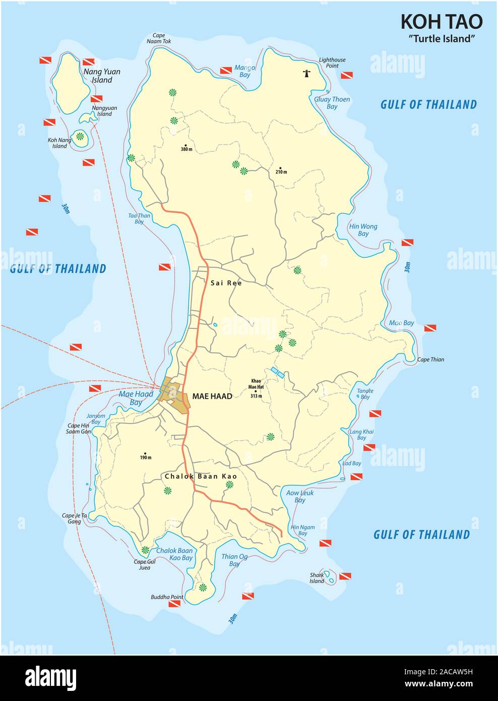 Tauchen Karte der thailändischen Insel Koh Tao im Golf von Thailand Stock Vektor