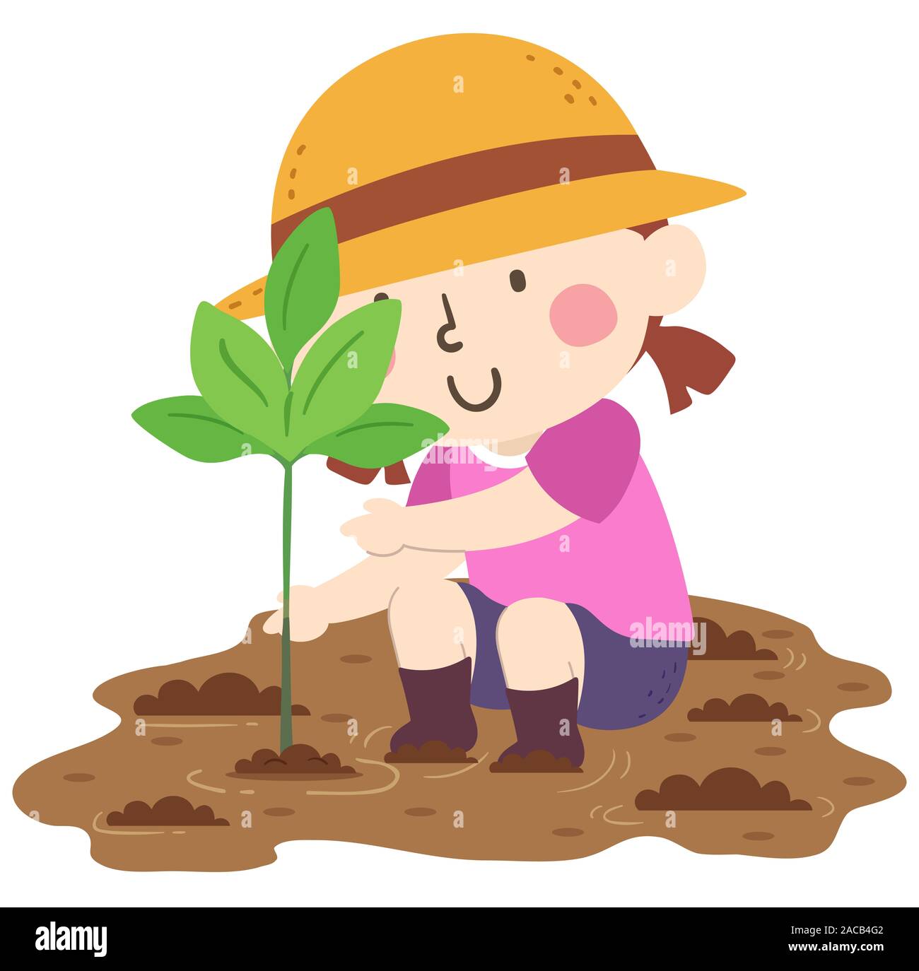 Abbildung: ein Kind Mädchen mit Hut und eine Mangrove Sämling Pflanzen Stockfoto