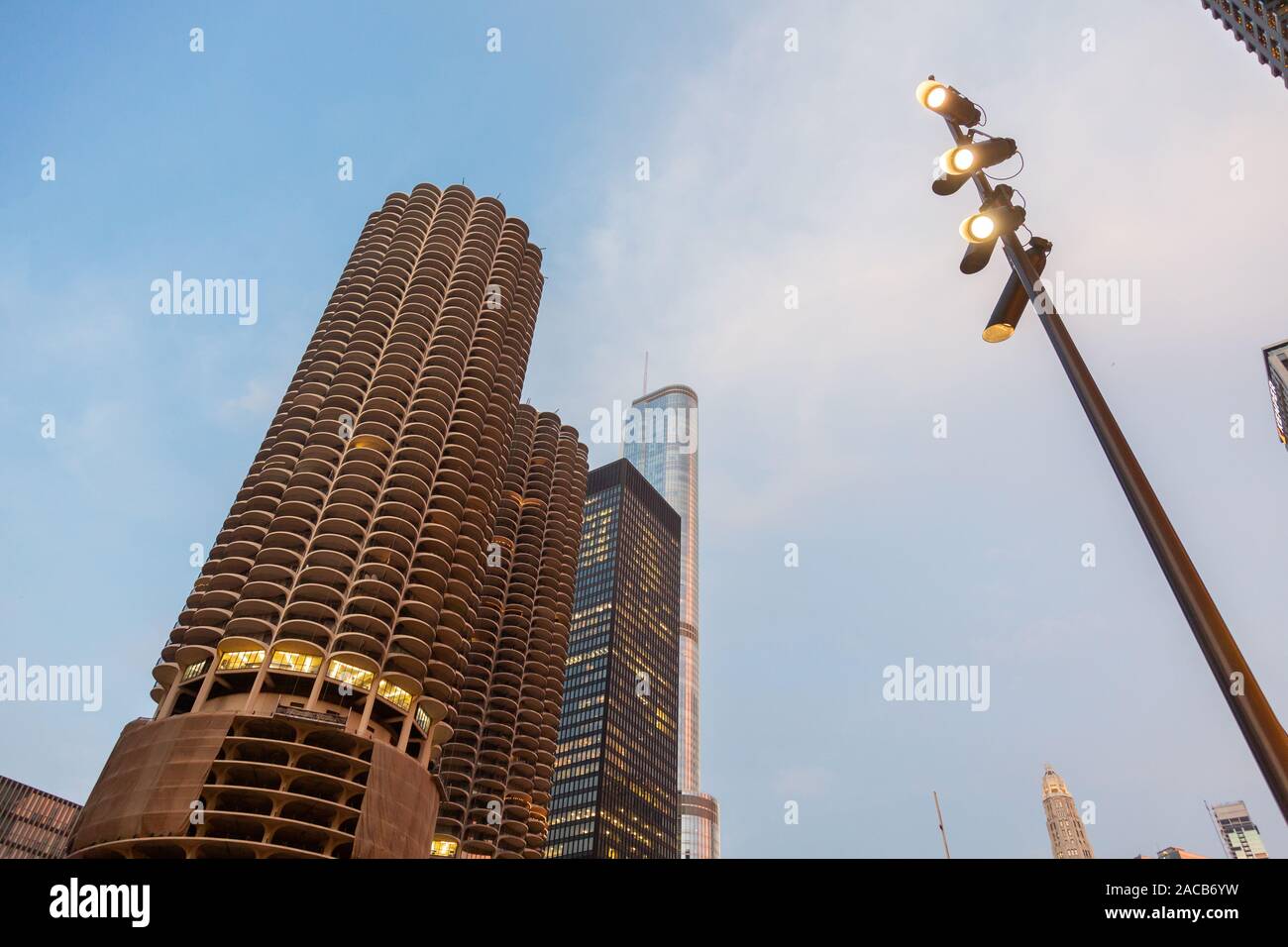 Marina City, 330 North Wabash (alias IBM Gebäude, IBM Plaza, AMA Plaza) und Trump Tower, Chicago, USA Stockfoto