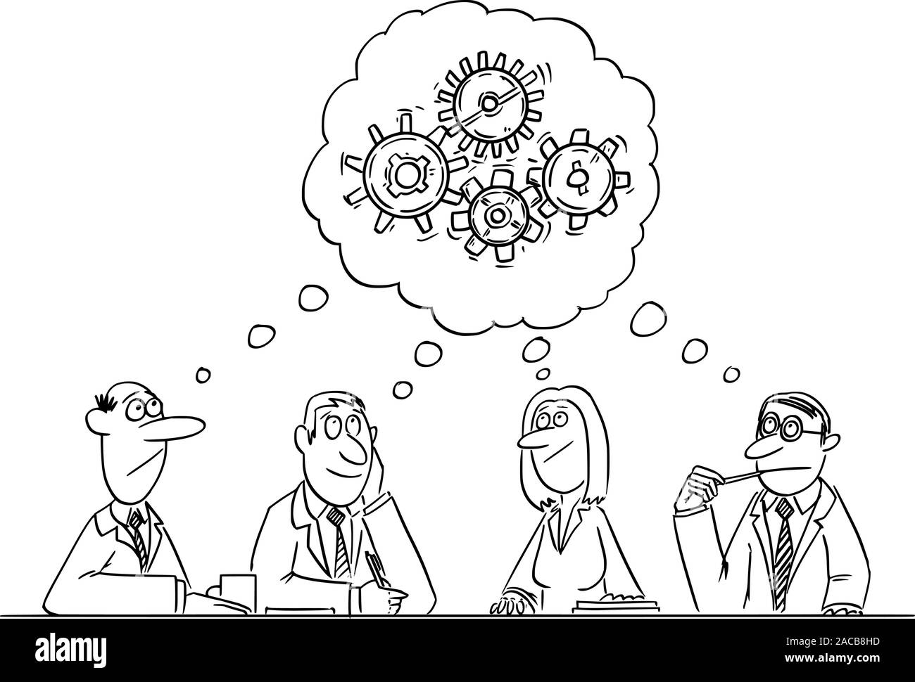 Vektor witzigen Comic cartoon Zeichnen von Business Team Meeting und Brainstorming. Team ist Denken und Brainstorming in die Lösung des Problems. Stock Vektor