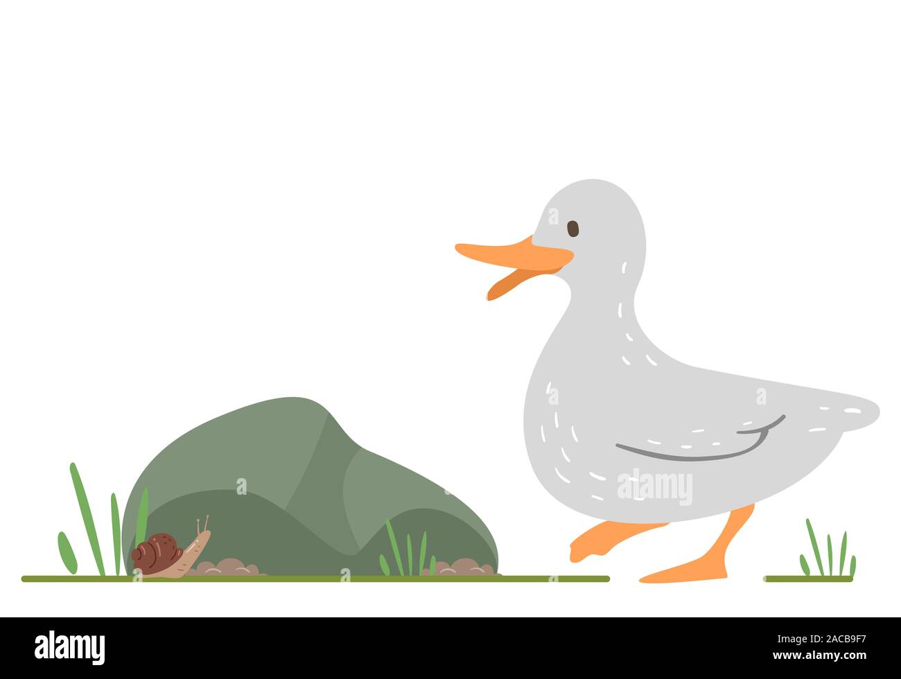 Abbildung: eine Ente und eine Schnecke, die die großen Felsen im Garten Stockfoto