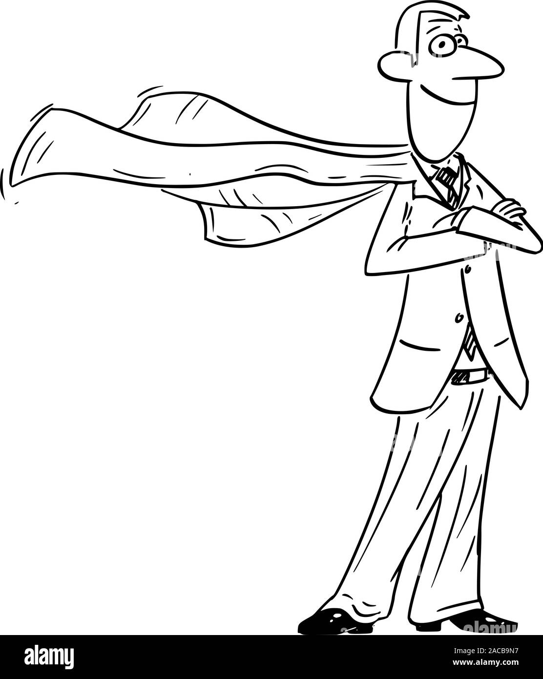 Vektor witzigen Comic cartoon Zeichnung der zuversichtlich Geschäftsmann Superhelden posiert mit fliegenden Kap. Stock Vektor