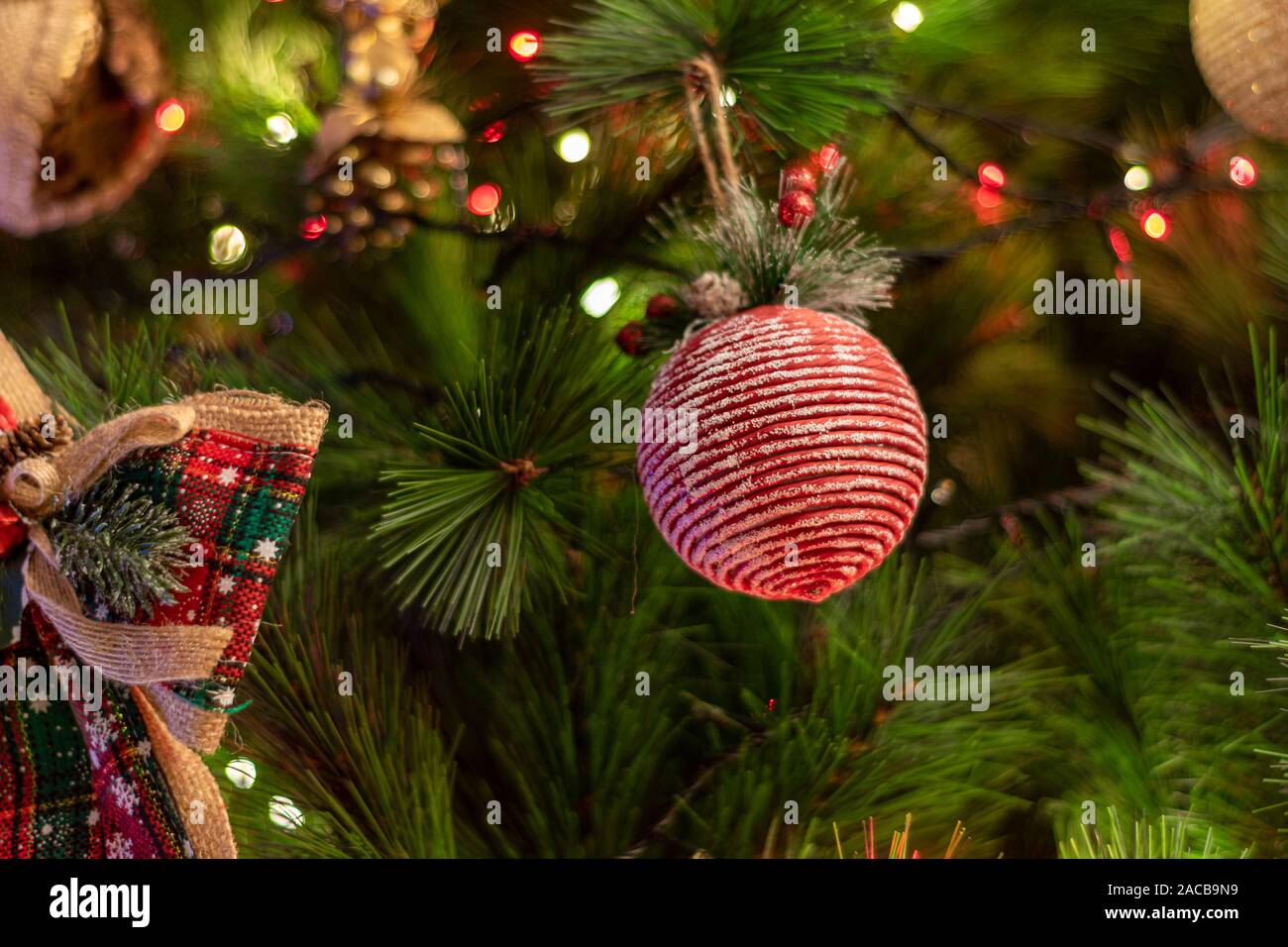 Geschmückten Weihnachtsbaum und Krippe auf einem unscharfen Hintergrund, und Sie können sehen, die Lichter und die warmen Farben, was es zu einem wahren Geist und Stimmung geben Stockfoto