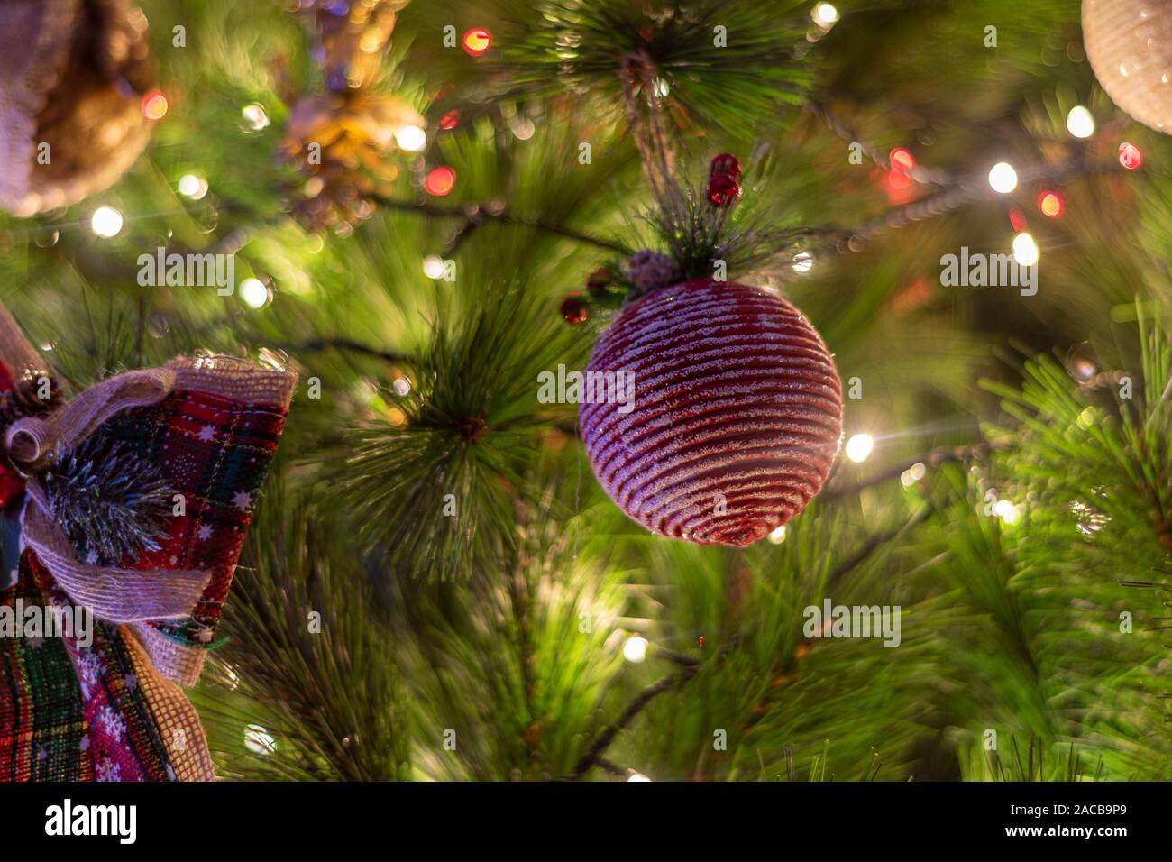 Geschmückten Weihnachtsbaum und Krippe auf einem unscharfen Hintergrund, und Sie können sehen, die Lichter und die warmen Farben, was es zu einem wahren Geist und Stimmung geben Stockfoto