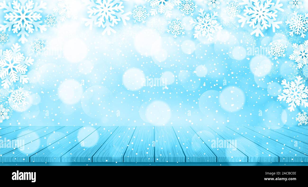 Weihnachten Hintergrund mit Schneeflocken und Holz Tisch. Vector Illustration Stock Vektor