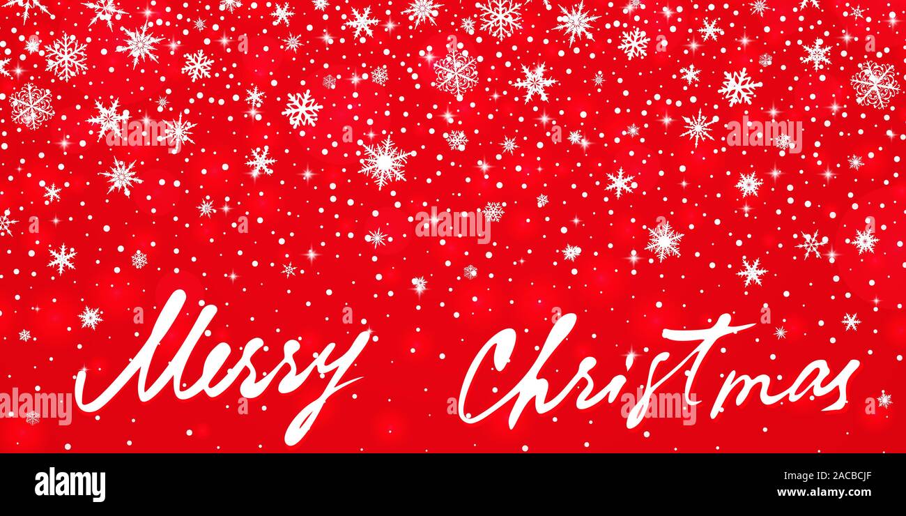 Frohe Weihnachten Grußkarte. Schneeflocken, Text und Schnee auf rotem Hintergrund Stock Vektor