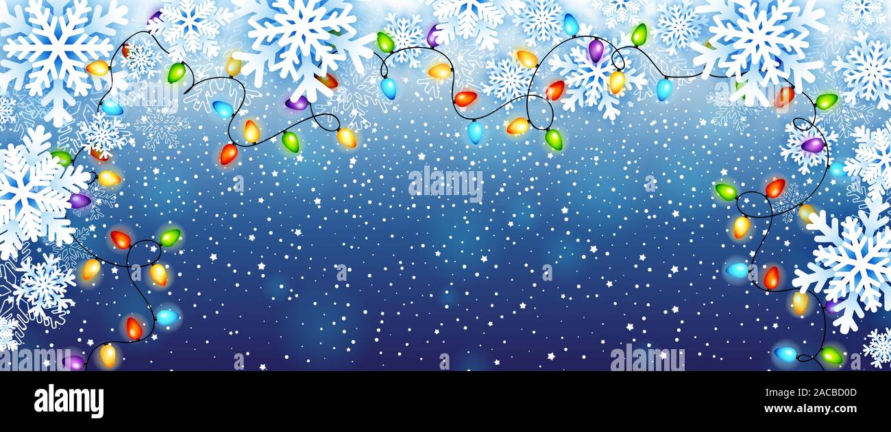 Weihnachten Grußkarten mit Papier Schneeflocken Rahmen und bunte Weihnachtslichter Girlande. Vector Illustration Stock Vektor