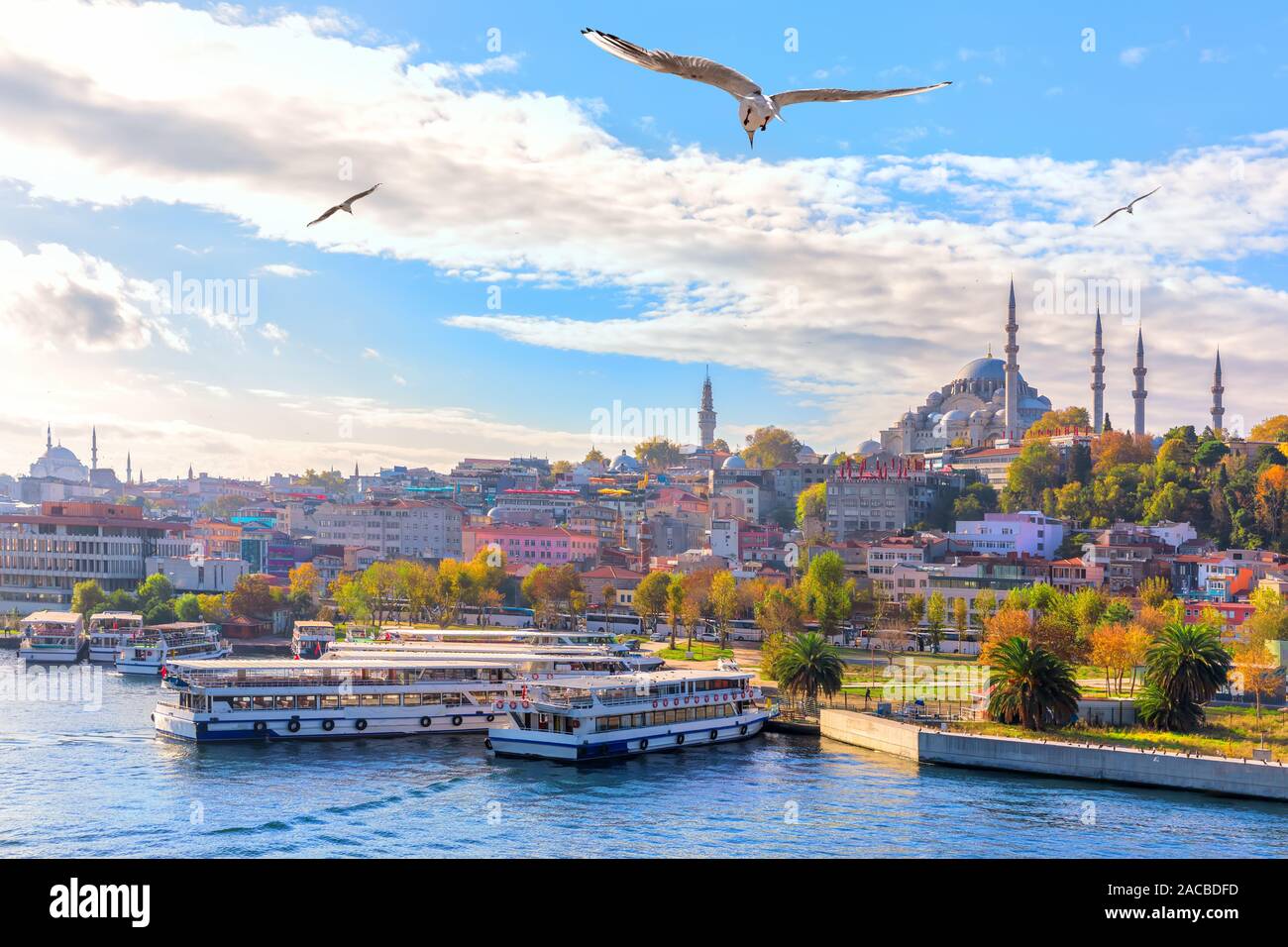 Eminonu Pier und die Süleymaniye Moschee in Istanbul, Türkei Stockfoto