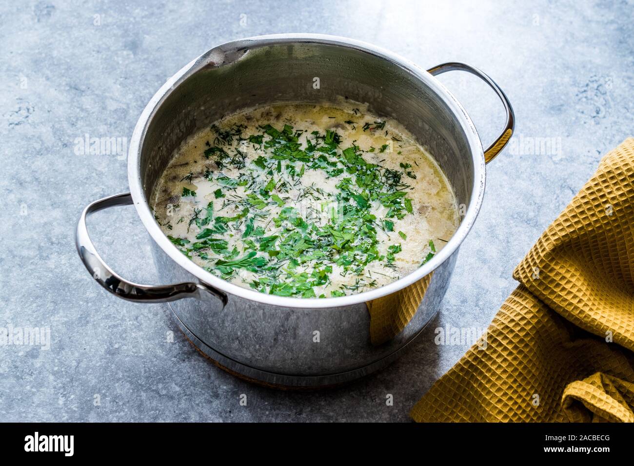 Pilzsuppe mit Petersilie in Metall Pot. Bereit zu dienen Stockfoto