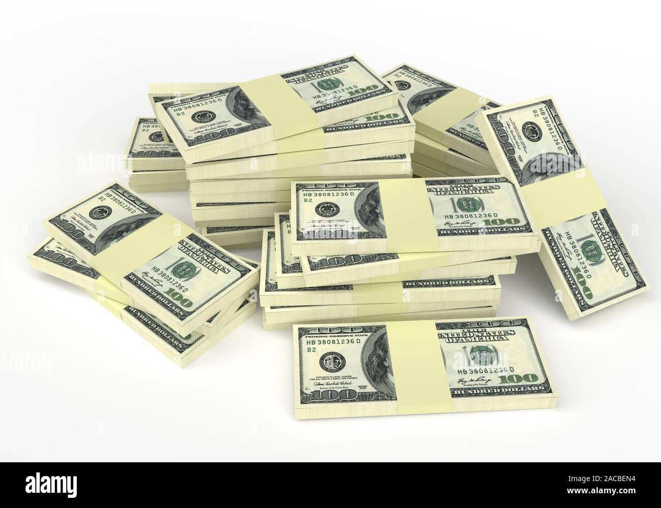 Große Stapel von Dollar auf Weiß isoliert. Business und Finanzen konzeptionelle Stockfoto