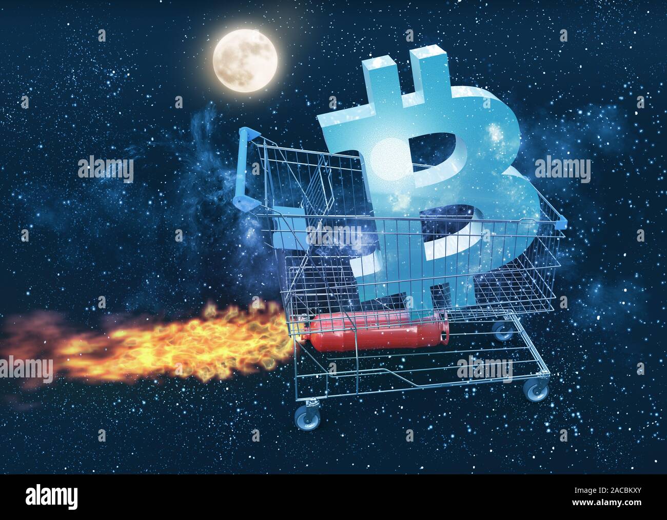 Bitcoin Preis steigt und sich auf den mond konzept, 3D-Darstellung Stockfoto