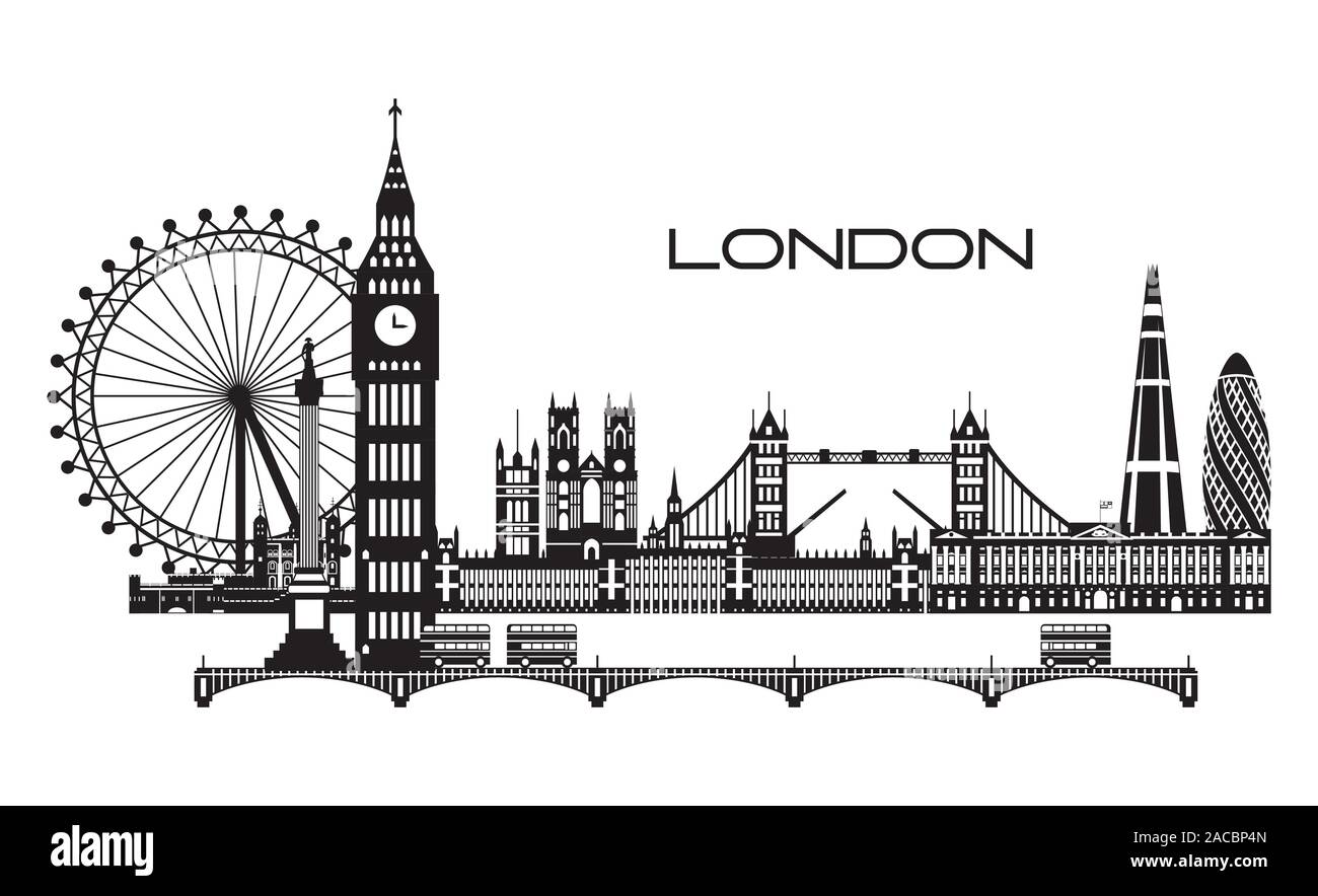 Vector Illustration der wichtigsten Sehenswürdigkeiten von London. Skyline der Stadt Vector Illustration in den Farben Schwarz und Weiß auf weißem Hintergrund. Satz von vecto Stock Vektor
