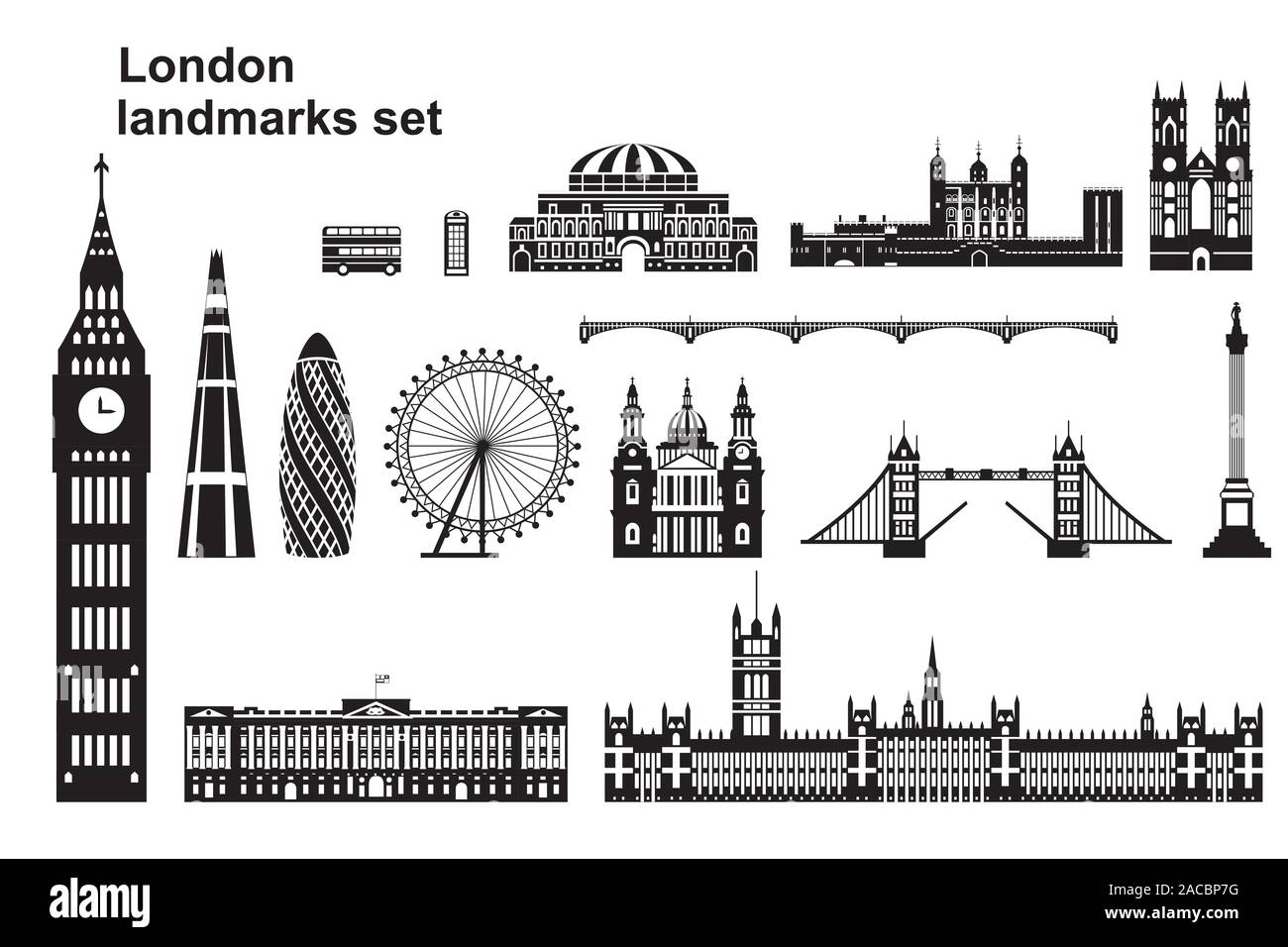 Vektor einrichten von Wahrzeichen von London. Skyline der Stadt Vector Illustration in den Farben Schwarz und Weiß auf weißem Hintergrund. Der Vektor Silhouette Stock Vektor