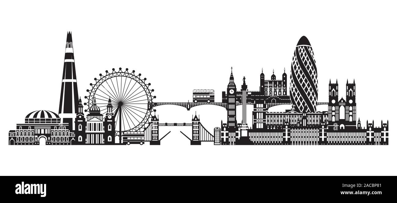 Vector Illustration der wichtigsten Sehenswürdigkeiten von London. Skyline der Stadt Vector Illustration in schwarzer Farbe auf weißem Hintergrund. Panoramablick auf die Silhouette il Stock Vektor