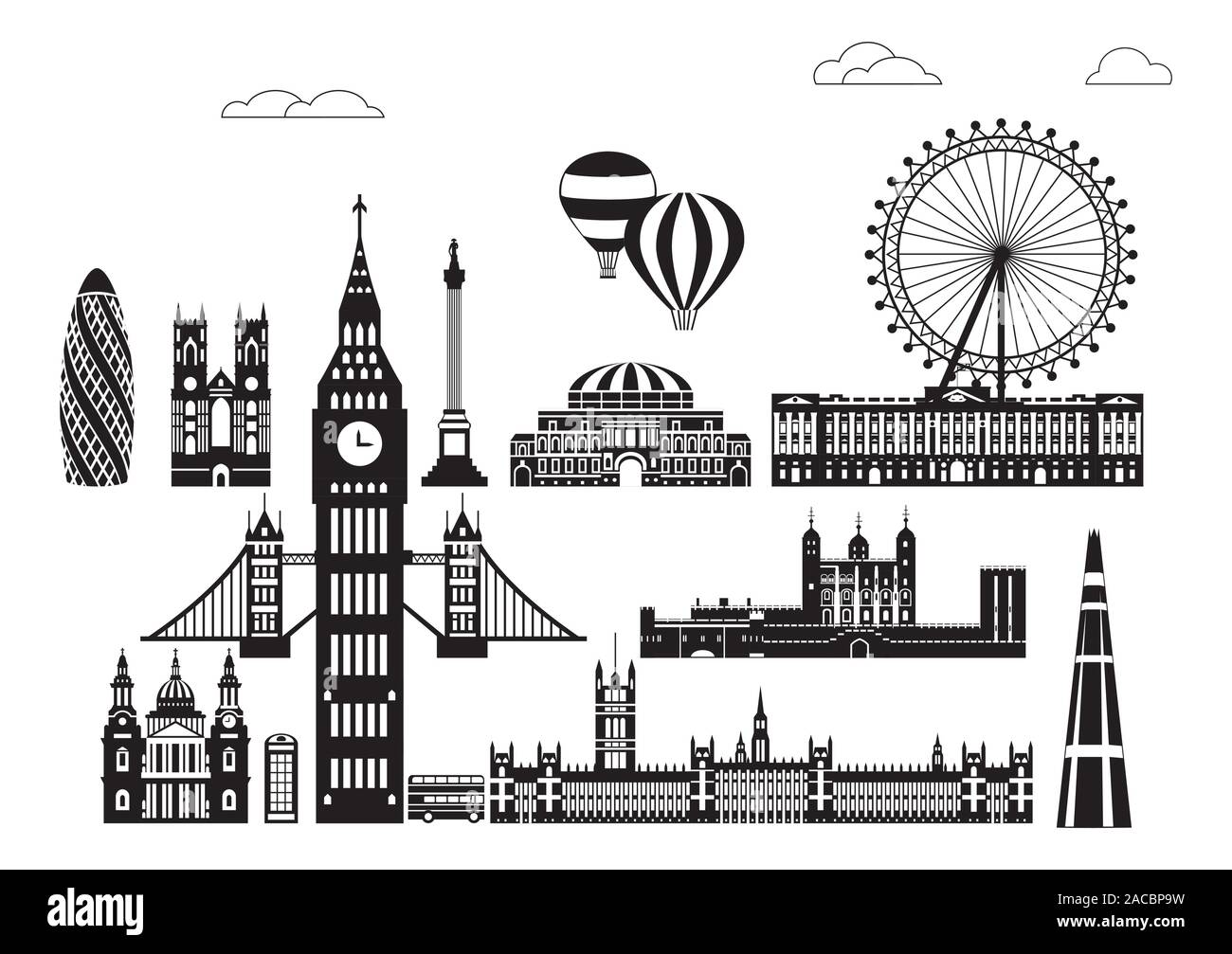 Vektor einrichten von Wahrzeichen von London. Skyline der Stadt Vector Illustration in den Farben Schwarz und Weiß auf weißem Hintergrund. Vektor silhouette Illustr Stock Vektor