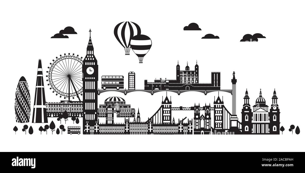 Vector Illustration der wichtigsten Sehenswürdigkeiten von London. Skyline der Stadt Vector Illustration in schwarzer Farbe auf weißem Hintergrund. Der Vektor silhouett Stock Vektor