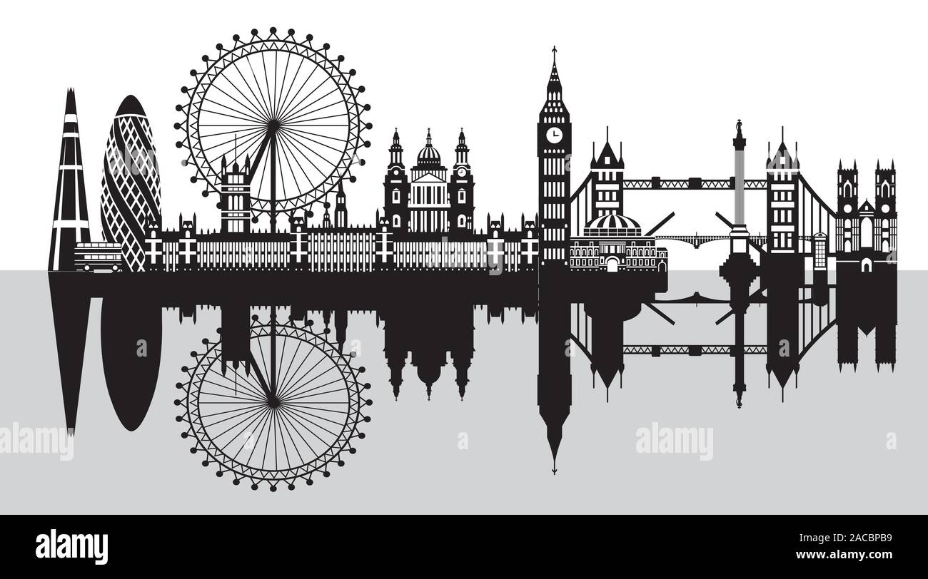 Vector Illustration der wichtigsten Sehenswürdigkeiten von London mit Reflexion. Skyline der Stadt Vector Illustration auf weißem Hintergrund. Panoramablick auf das monochrome s Stock Vektor