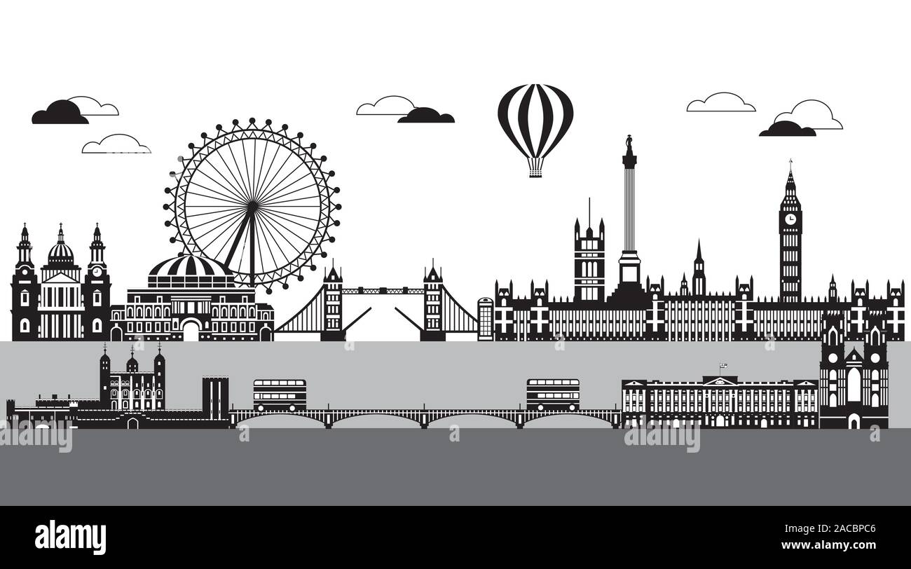 Vector Illustration der wichtigsten Sehenswürdigkeiten von London. Skyline der Stadt Vector Illustration auf weißem Hintergrund. Panoramablick auf das monochrome Silhouette illust Stock Vektor