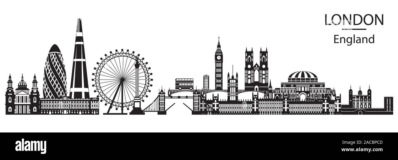 Vector Illustration der wichtigsten Sehenswürdigkeiten von London. Skyline der Stadt Vector Illustration in schwarzer Farbe auf weißem Hintergrund. Panoramablick auf das monochrome si Stock Vektor