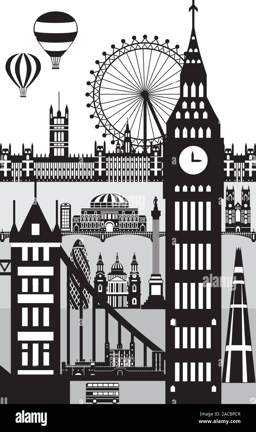 Vertikale Plakat der wichtigsten Sehenswürdigkeiten von London. Skyline der Stadt Vector Illustration in schwarzer Farbe auf weißem Hintergrund. Einfarbige silhouette Illus Stock Vektor