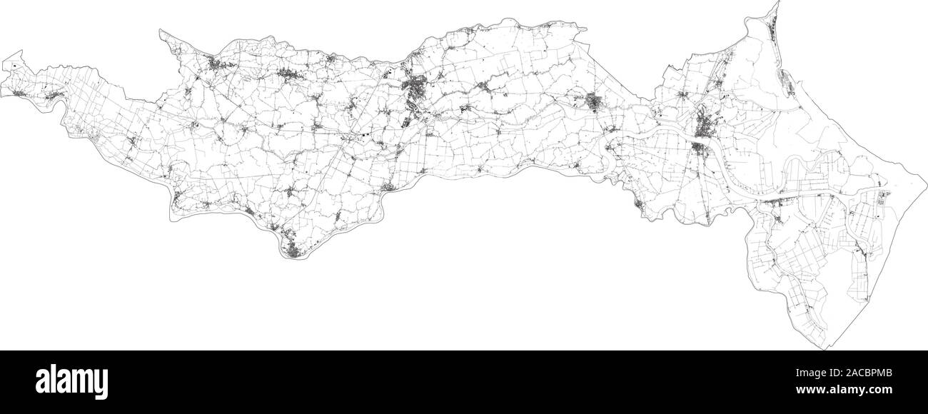Sat-Karte der Provinz von Rovigo, Städte und Straßen, Gebäude und Straßen der Umgebung. Venetien, Italien. Karte Straßen, Ringstraßen Stock Vektor
