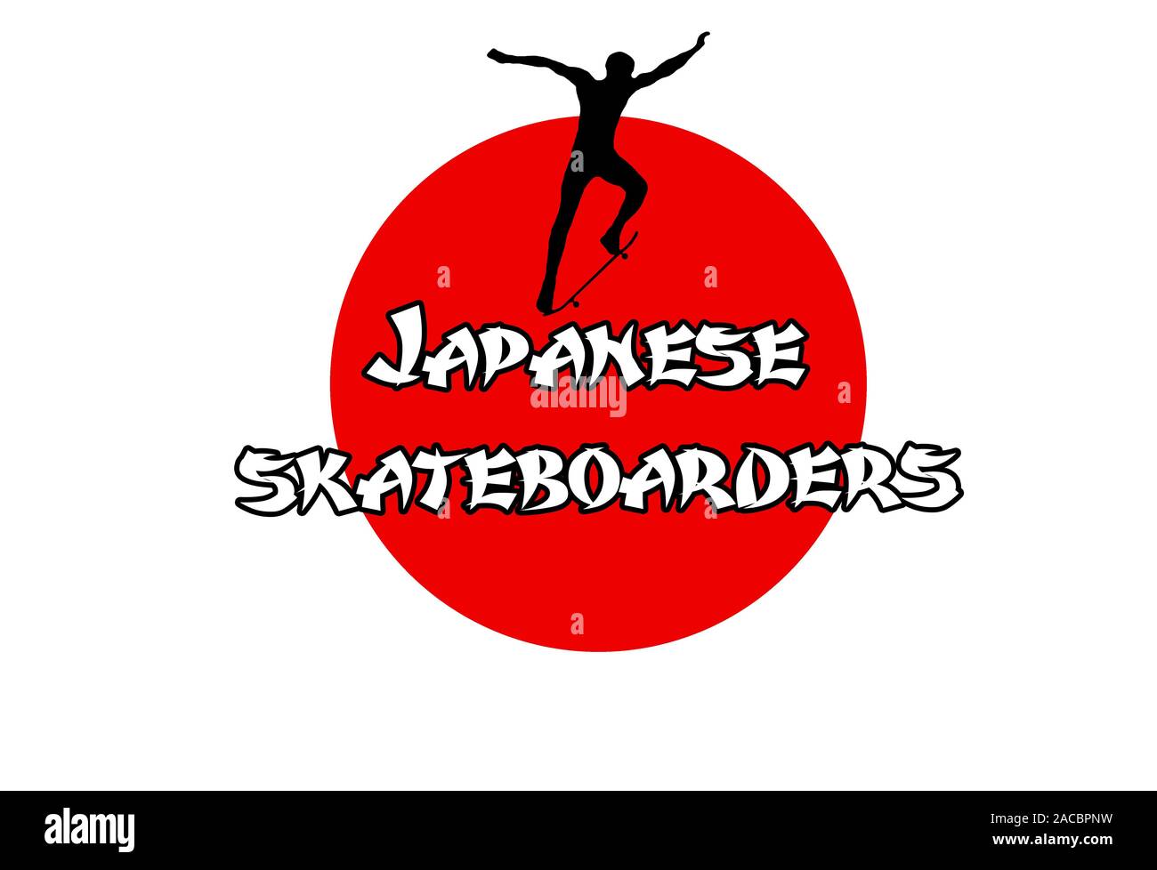 Silhouette eines Mannes auf einem Skateboard auf dem Hintergrund einer roten Kreis symbolisiert die japanische Flagge Stockfoto