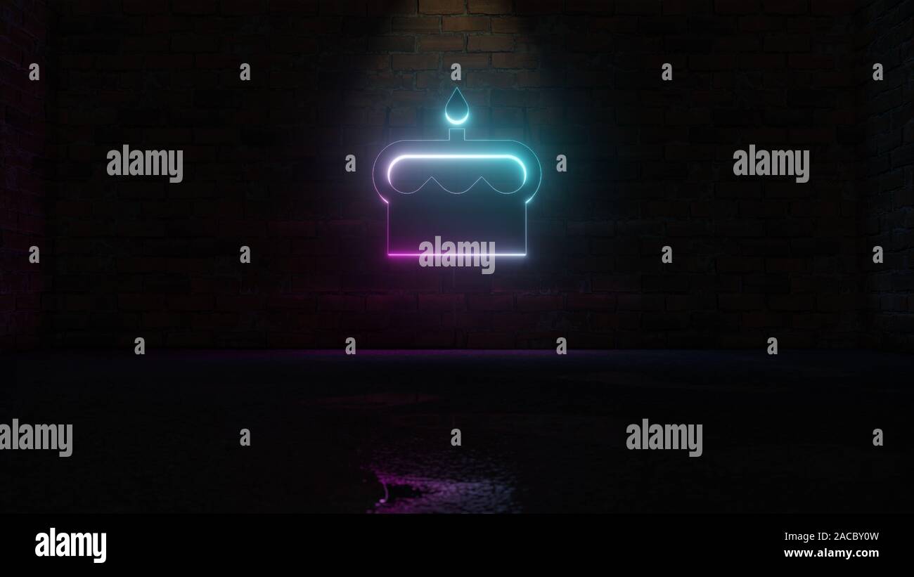 3D-Rendering von Blau Violett neon-Symbol der Geburtstagskuchen mit Kerze und Topping auf dunklen Mauer Hintergrund mit nassen unscharfe Reflektion Stockfoto
