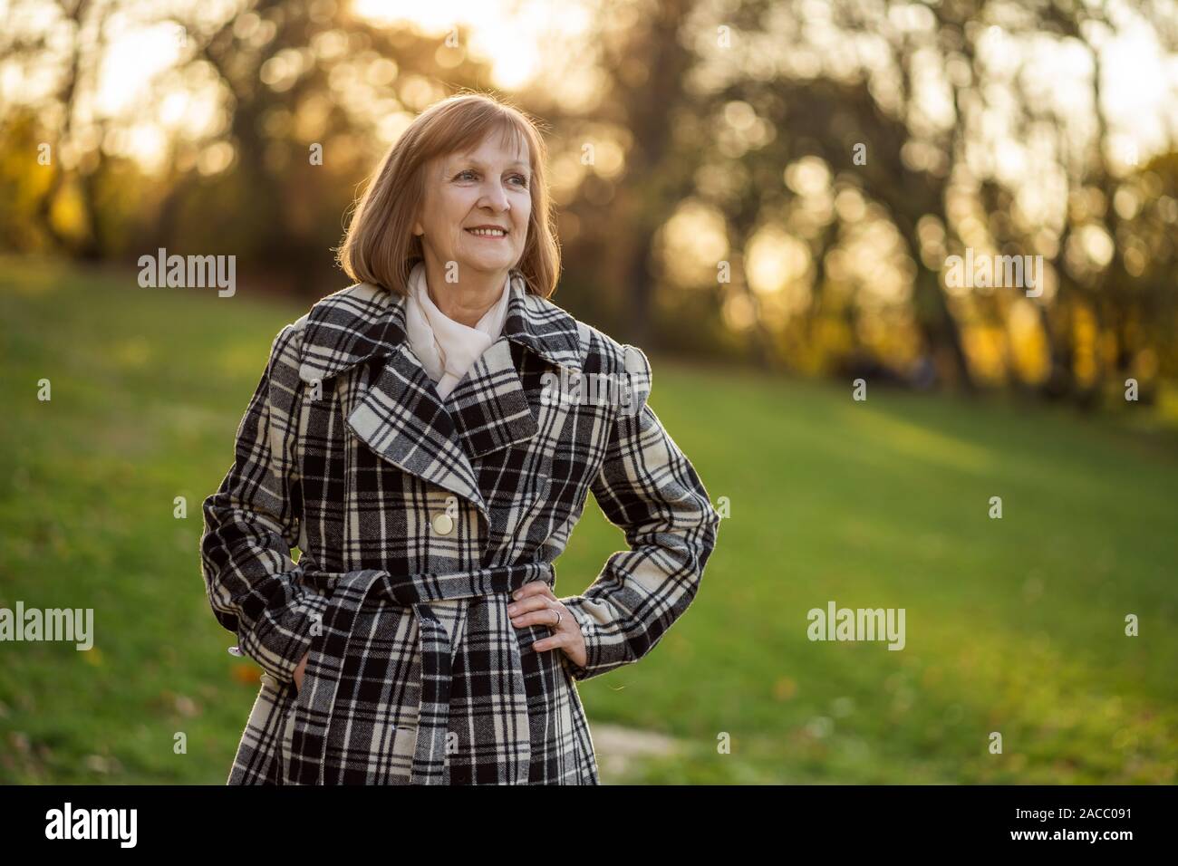 Portrait von gerne ältere Frau im Park im Herbst. Stockfoto
