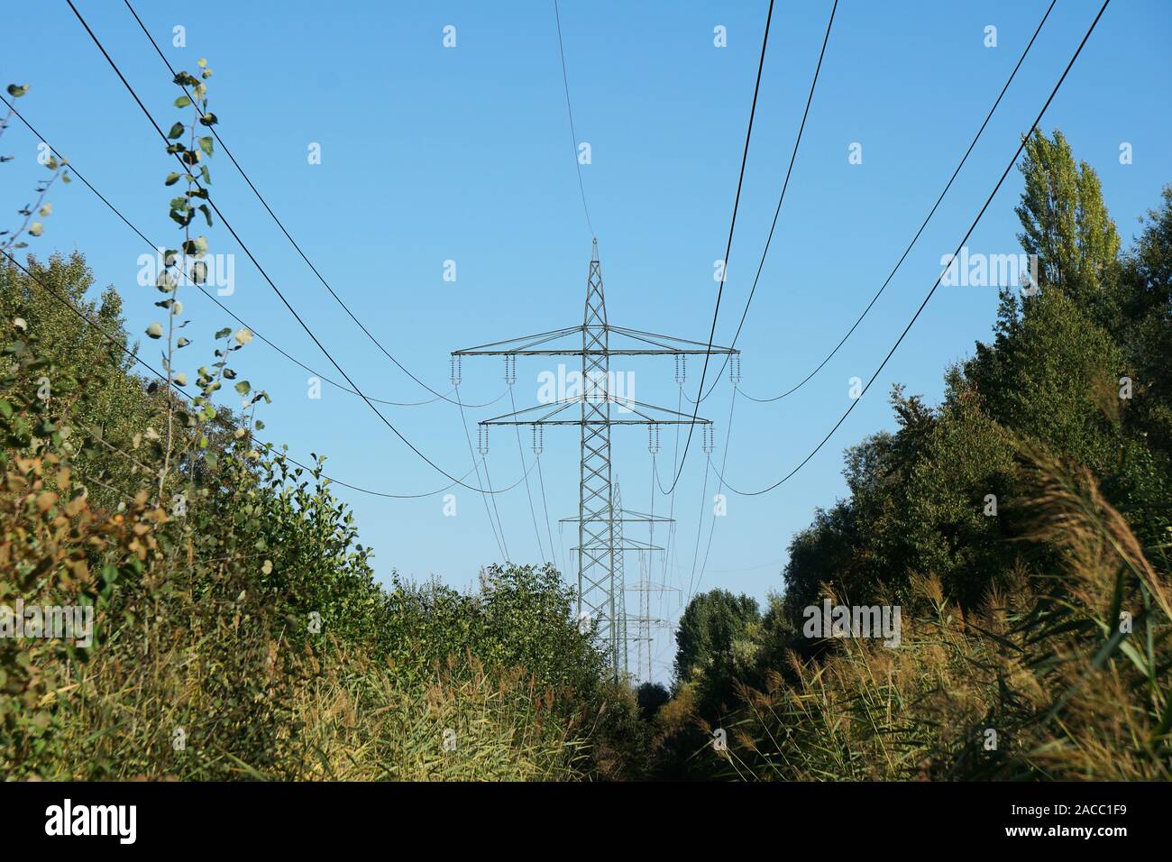 Overhead Netzkabel oder Übertragungsleitung, Strom Energie Konzept Stockfoto