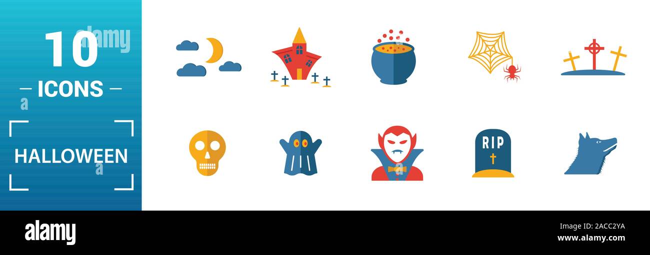 Halloween Icon Set. Gehören kreative Elemente Skelett, Sarg, Schädel, Fledermäuse und Vampire Symbole. Kann für Bericht, Präsentation, Grafik, Web Design Stock Vektor