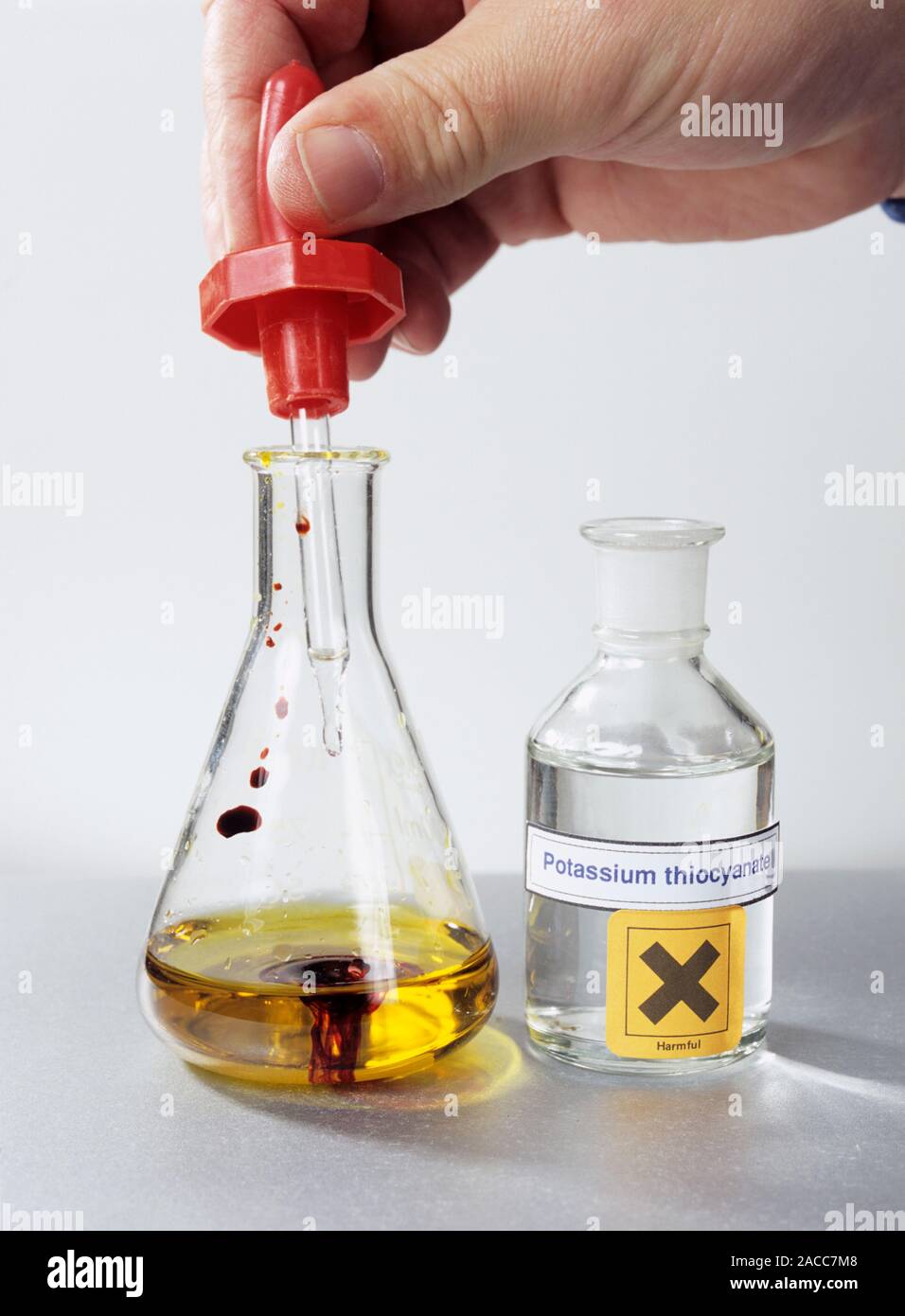 Bügeleisen Test. Kaliumthiocyanat Lösung (farblos), um zu einer Lösung von Eisen(III)-Ionen (gelb). Wie die kaliumthiocyanat Lösung ist Stockfoto