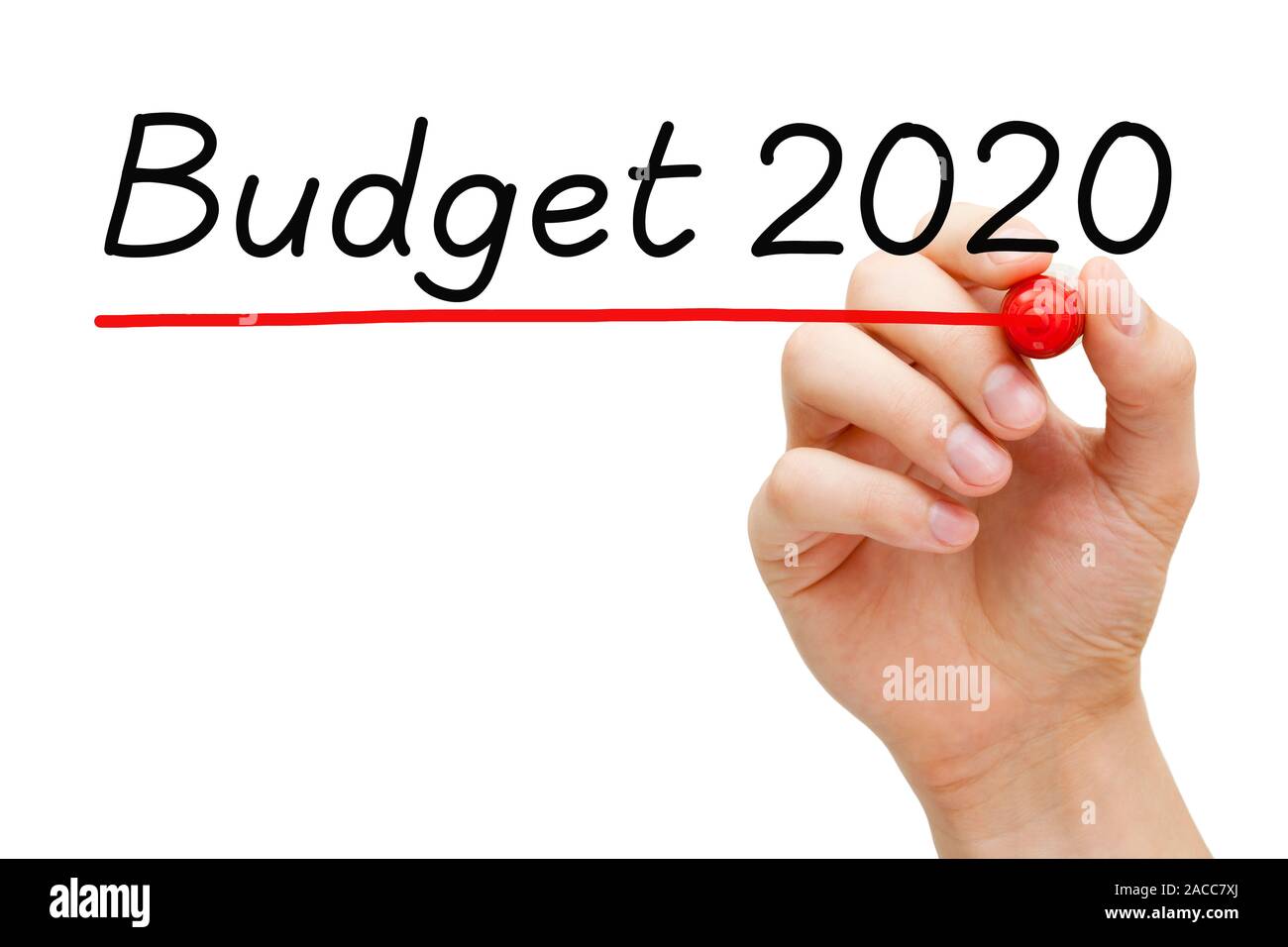Hand schreiben Budget Konzept 2020 mit Marker auf transparentem Glas Bord auf weißem Hintergrund. Stockfoto