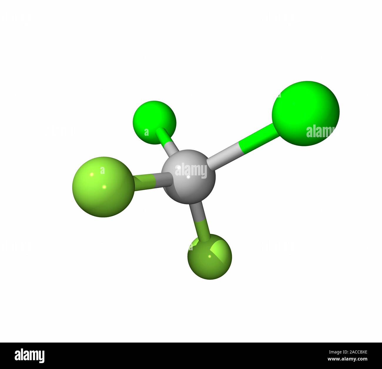 CFC-Molekül. Computer Modell eines Moleküls von dichlordifluormethan, auch als Freon-12 bekannt. Atome sind als Kugeln dargestellt und sind farblich codiert: Stockfoto