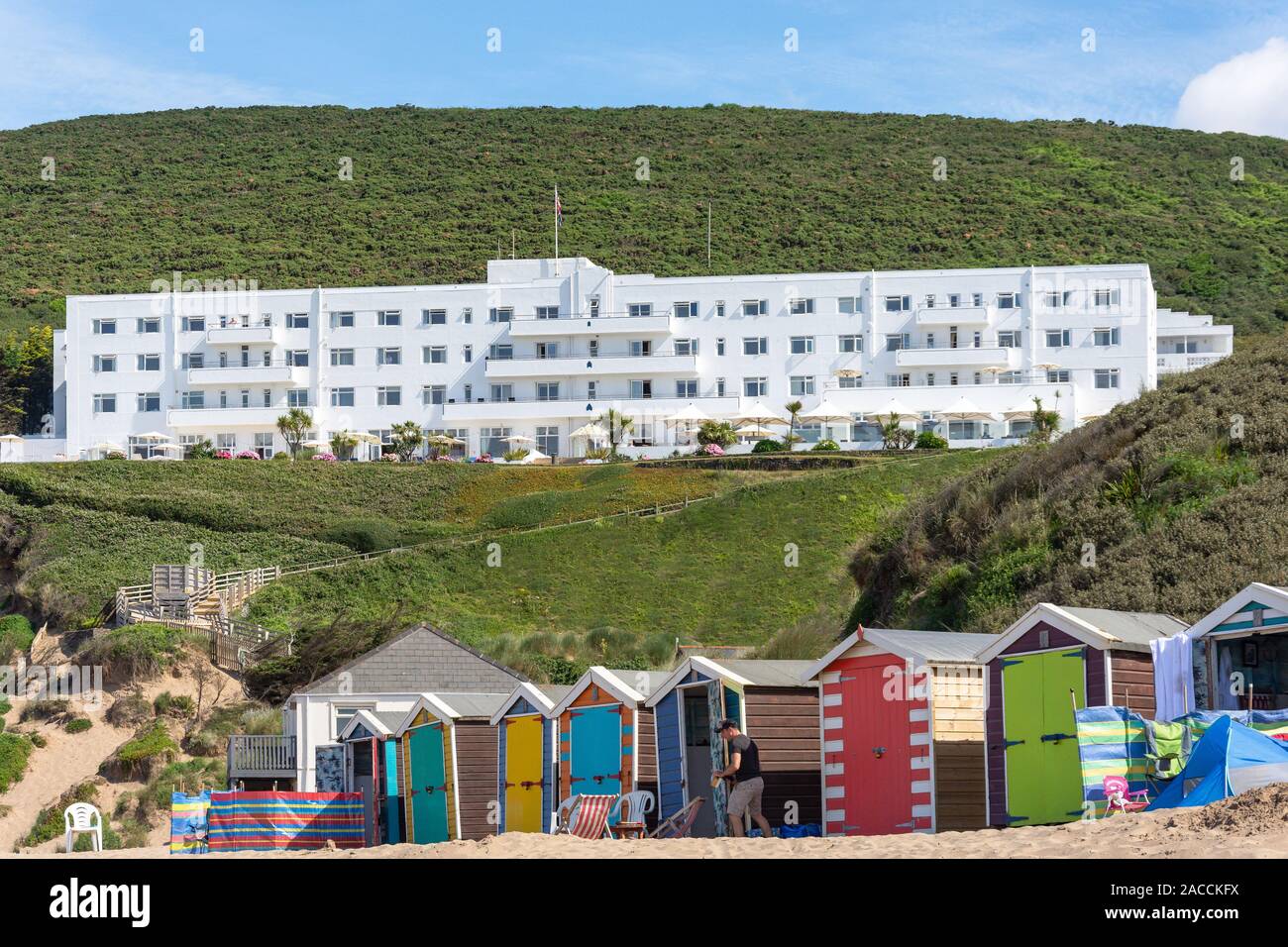 Saunton Sands Hotel vom Strand, Saunton, Devon, England, Vereinigtes Königreich Stockfoto