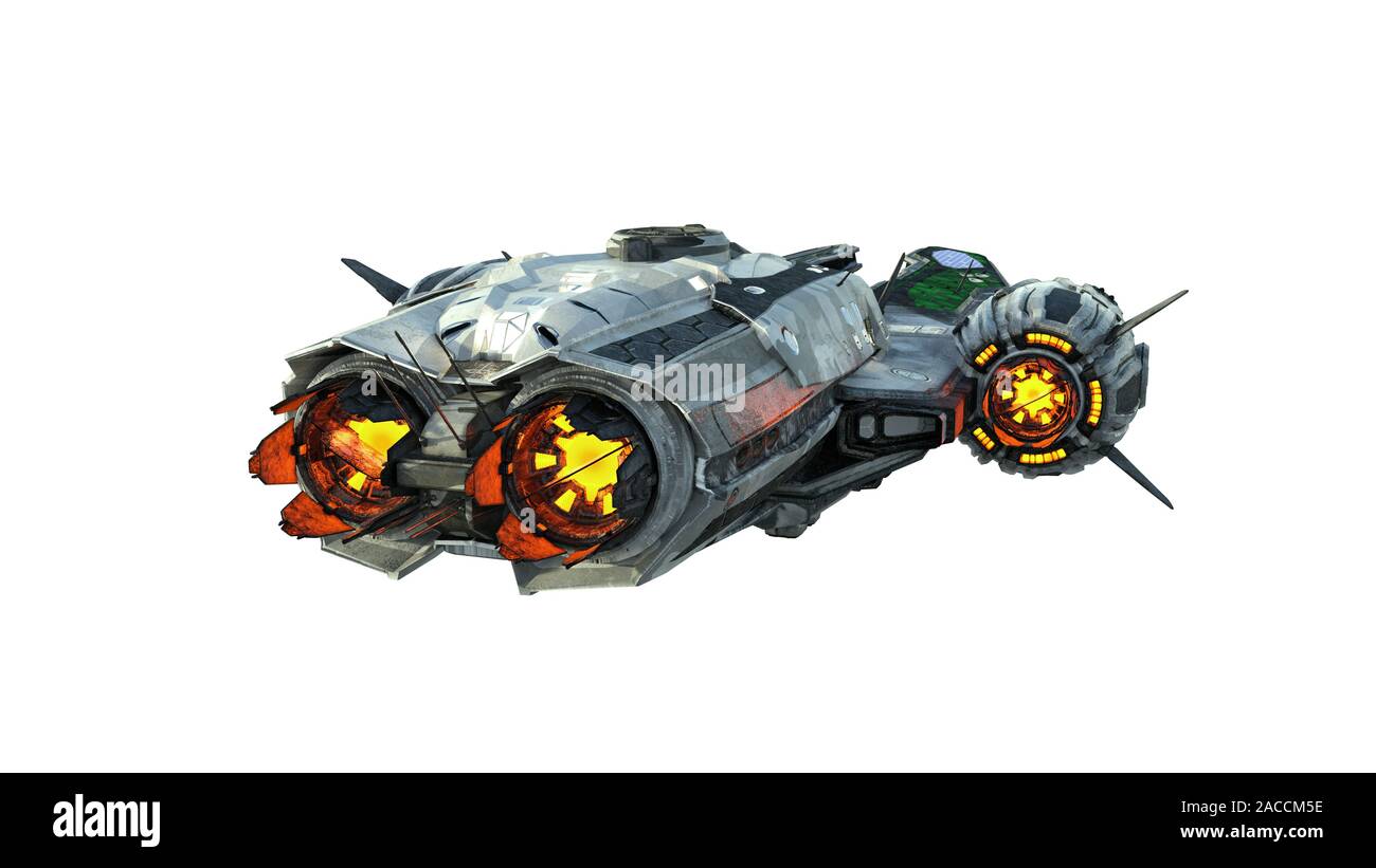 Alien UFO Raumschiff, Raumfahrzeuge im Flug auf weißem Hintergrund, Rückansicht, 3D-Rendering Stockfoto