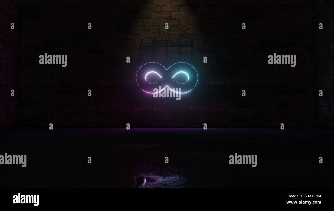3D-Rendering von Blau Violett neon Symbol für Unendlichkeit Zeichen auf dunklen Mauer Hintergrund mit nassen unscharfe Reflektion Stockfoto