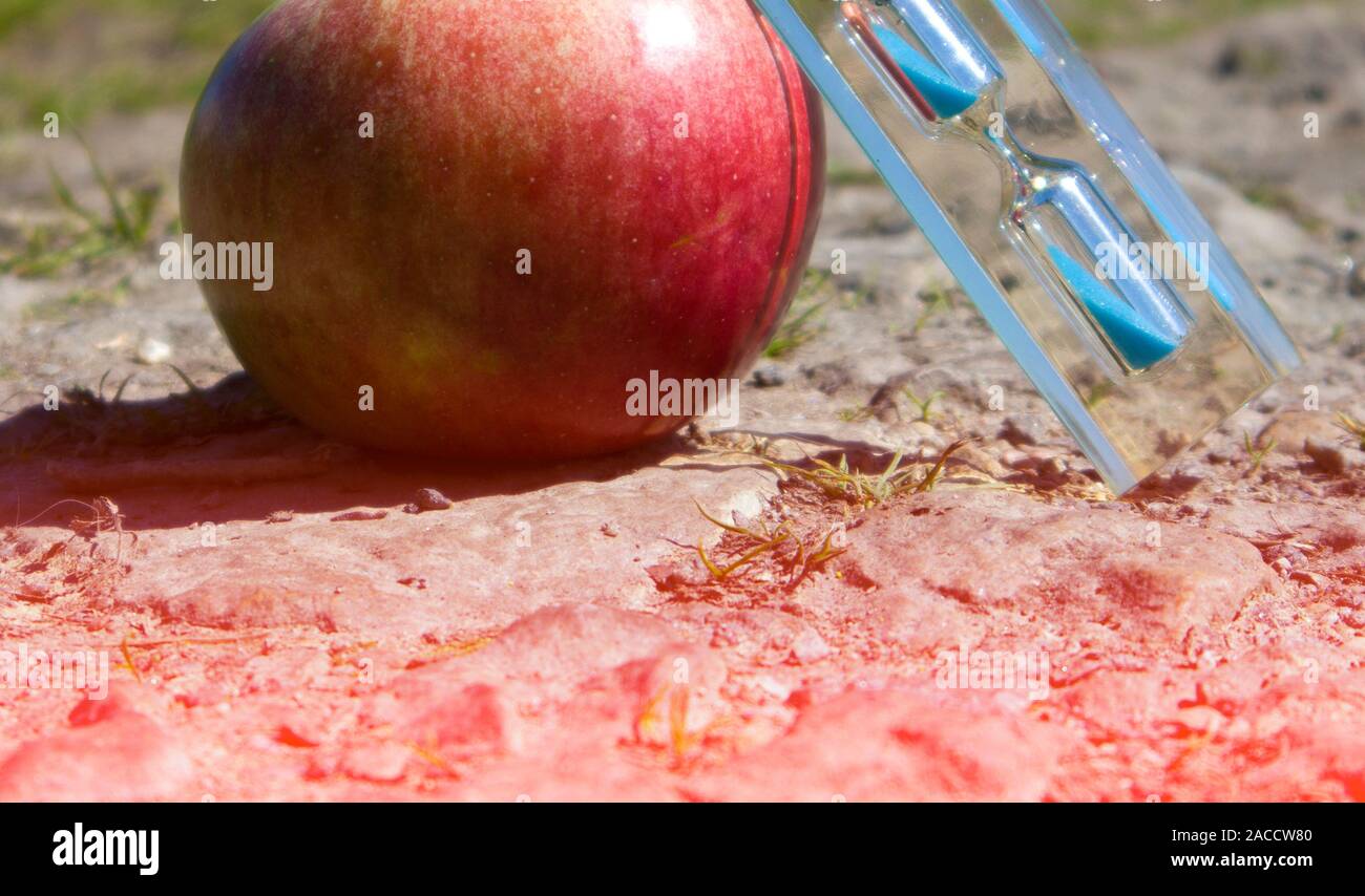 Transparente Sanduhr mit blauem Sand und reife rote Apple gegen getrocknet schmutzigen Boden, Konzept Stockfoto