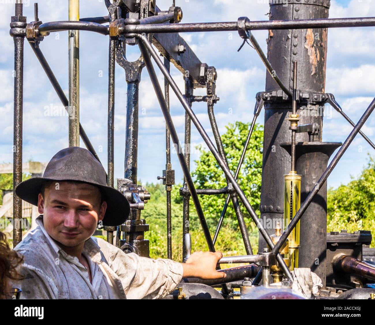 Treiber von 'Puffing Billy' Replik Lokomotive, Beamish Museum, County Durham, England Stockfoto