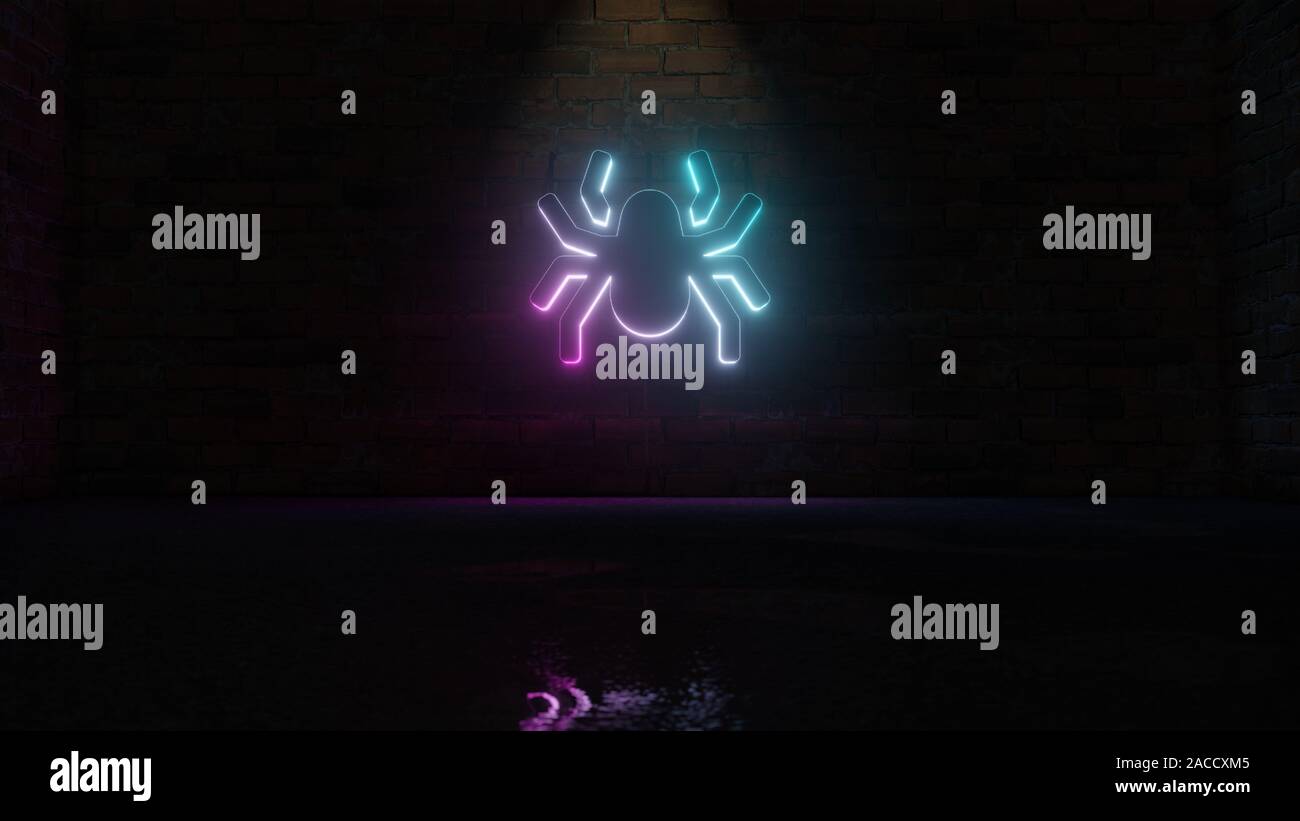 3D-Rendering von Blau Violett neon-Symbol der Spinne auf dunklen Mauer Hintergrund mit nassen unscharfe Reflektion Stockfoto
