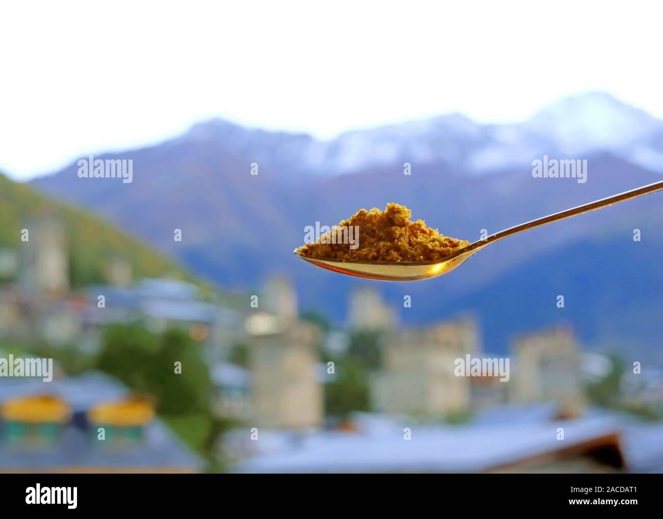 Closeup einen Löffel der Georgischen Svanetian Salz gegen Blurry Kaukasus Stockfoto