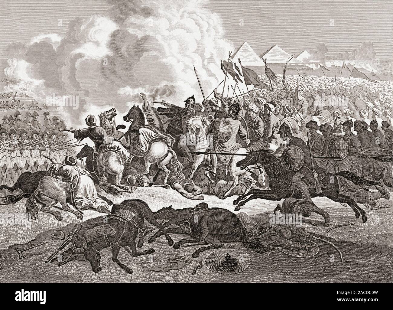 Der Kampf um die Pyramiden, auch bekannt als die Schlacht von Embabeh, 21. Juli 1798, zwischen der französischen Armee unter Napoleon Bonaparte in Ägypten, und der Kräfte des lokalen Mamluk Herrscher. Stockfoto