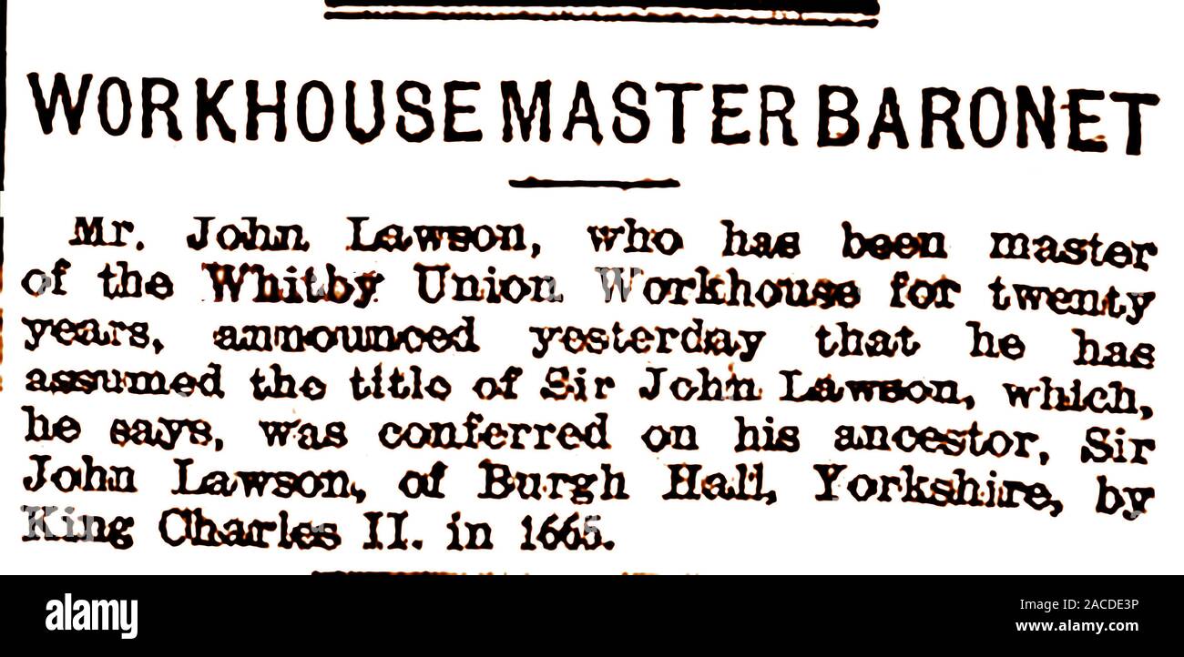 Mann, der sich selbst gab zum Ritter - 19. Jahrhundert drücken Sie schneiden die Whitby (Yorkshire, UK) workhouse Master John Lawson, die den Titel von Sir John Lawson angenommen, sagte zu seinem Vorfahr von Burgh (oder Brough) Hall (Richmondshire) durch König Charles II. verliehen worden sind, Stockfoto